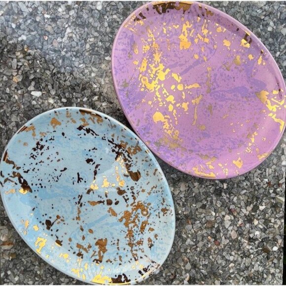 222 Fifth Midnight Marbled Pattern Oval Plates Set Of 4 Easter Egg Multicolor - Picture 3 of 4